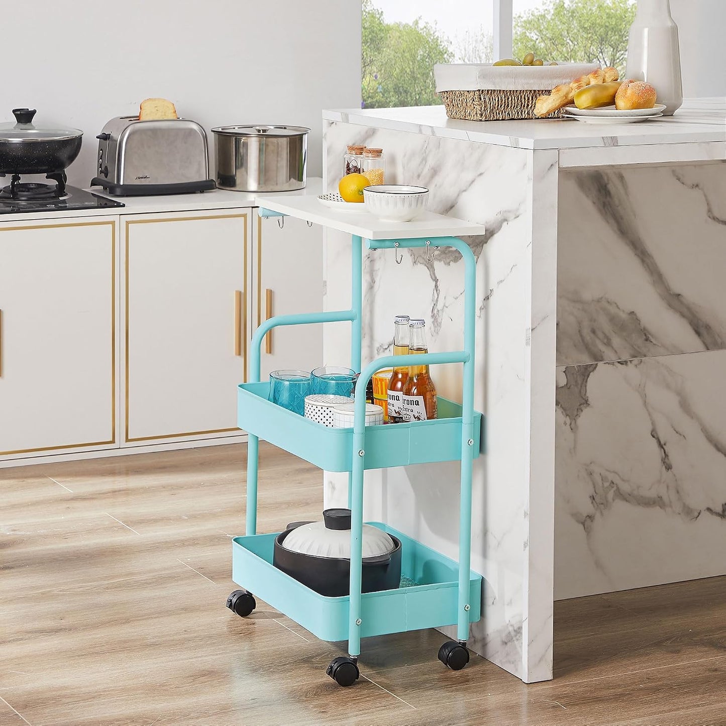 VECELO Storage Rolling Cart, 4 Tier Utility Cart Kitchen Slim Mobile Storage Unit Organizers with Wheels Hooks&Hanging Cups for Bedroom Bathroom Office Table Side in Narrow Places, White