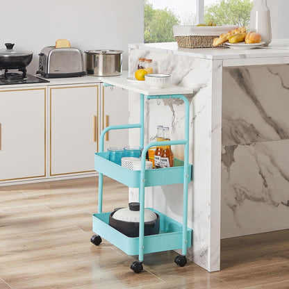 VECELO Storage Rolling Cart, 4 Tier Utility Cart Kitchen Slim Mobile Storage Unit Organizers with Wheels Hooks&Hanging Cups for Bedroom Bathroom Office Table Side in Narrow Places, White