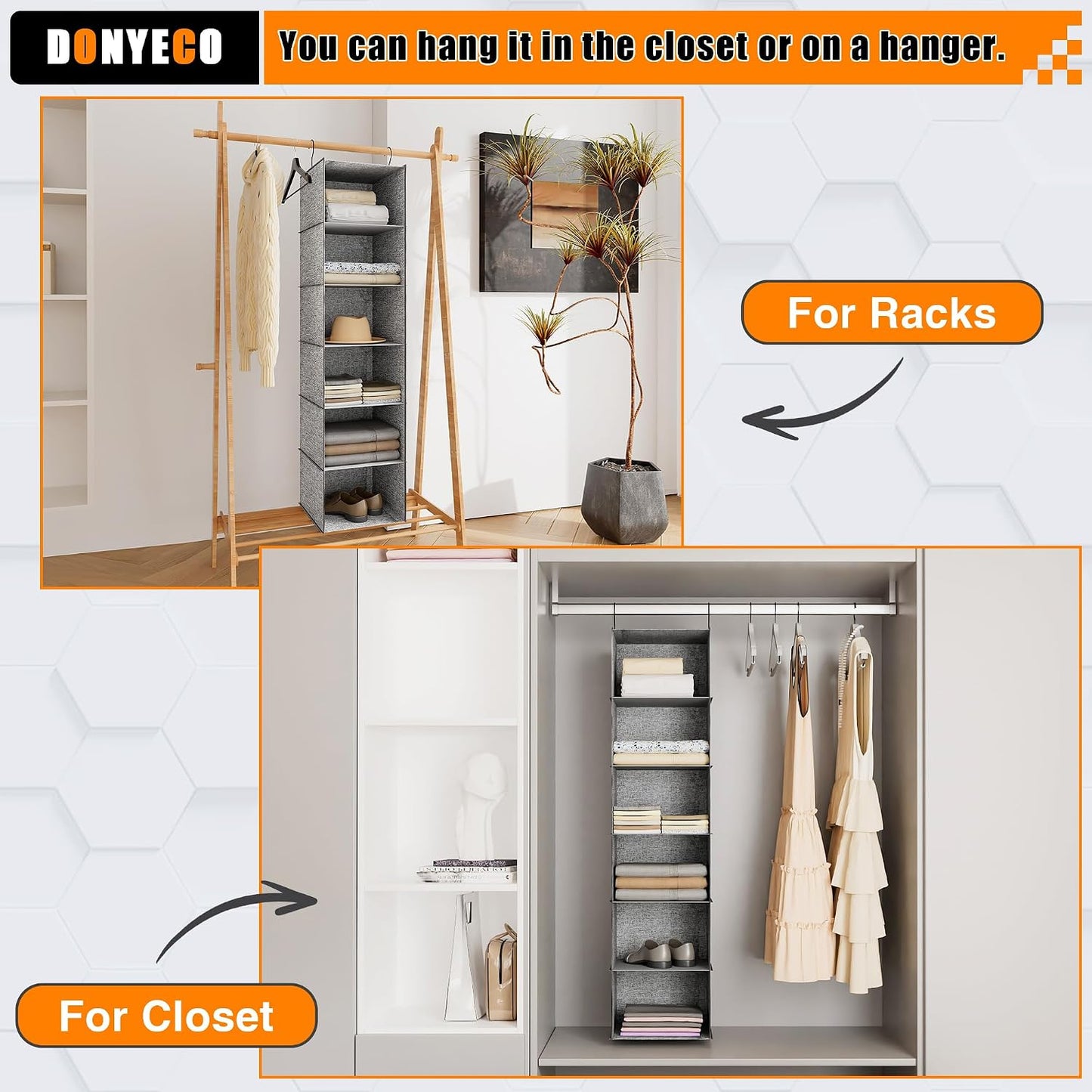 Hanging Closet Organizer 3-Shelf, Oxford Fabric Wardrobe Storage, Gray | Easy-mount foldable design holds clothes, handbags, shoes & accessories; washable Oxford fabric, sturdy and space-saving.
