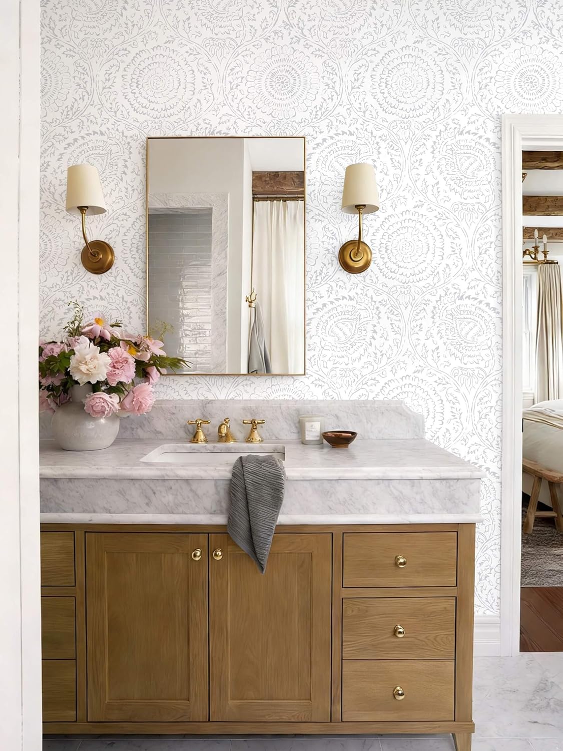 Ismoon Peel and Stick Wallpaper Boho Beige Contact Paper Neutral Floral Wall Paper Textured Self Adhesive Removable Wallpaper for Bedroom Kitchen Renter Friendly Vinyl 17.3" x 78.7"
