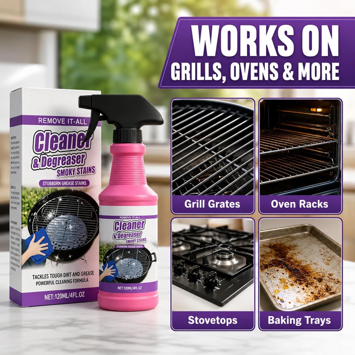 Fast-Acting Grill Cleaner Spray, Heavy Duty BBQ Degreaser for Burnt Food & Stubborn Grease, Powerful No-Scrub Oven & Kitchen Cleaner for Grills, Stovetops & Pans (1)