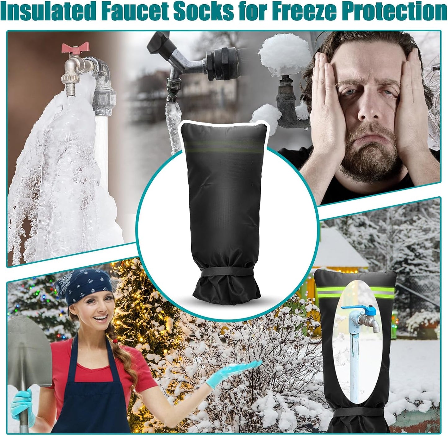 Outdoor Faucet Cover Socks with Reflective Strips, 25" x 13" Insulated Garden Faucet Socks for Winter Freeze Protection, Thicker Outdoor Spigot Cover Tap Hose Bib Socks