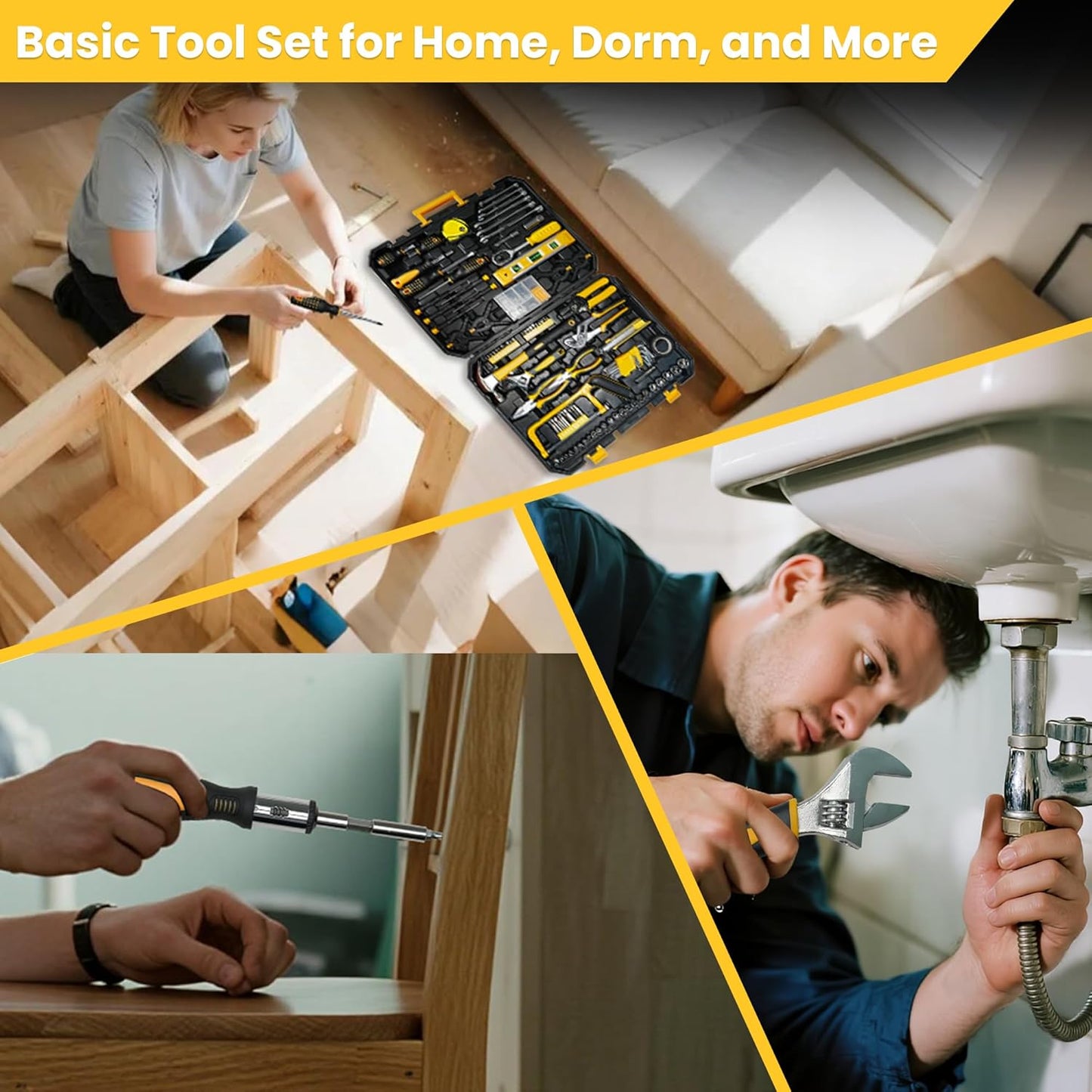 168-Piece Tool Set with Screwdrivers Ratchet Wrenches Tool Kit for Home | Tool Set with Socket Wrenches, Hand Saw, Hammer General Tool Kit for Dorm, Motorcycle, Plumbing Repairs