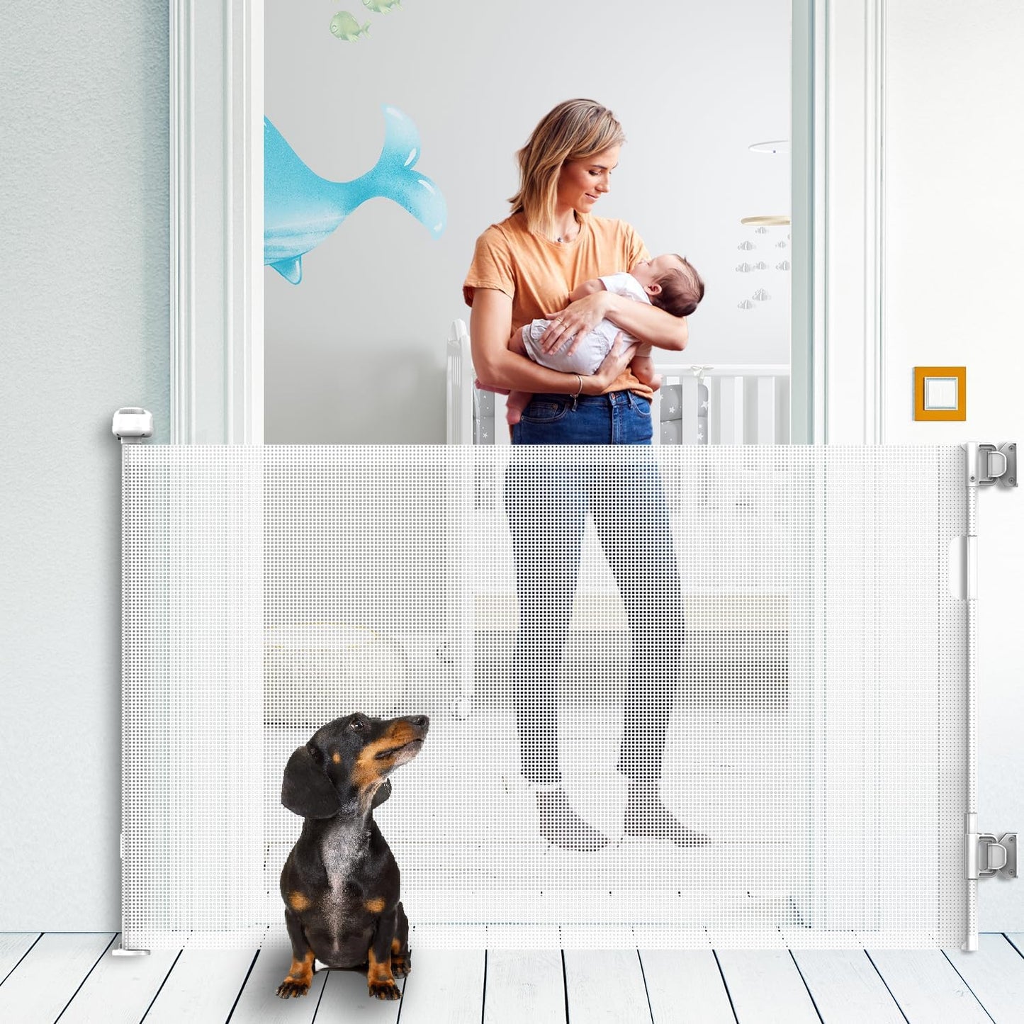 Upgraded Retractable Baby Gate for Stairs, 33"Tall Expands 71"Wide Ideal Safety Solution Dog Gate for Stairs Doorways Hallways Indoor Outdoor Mesh Baby Gate Retractable Screen Door(White,86CMx180CM)