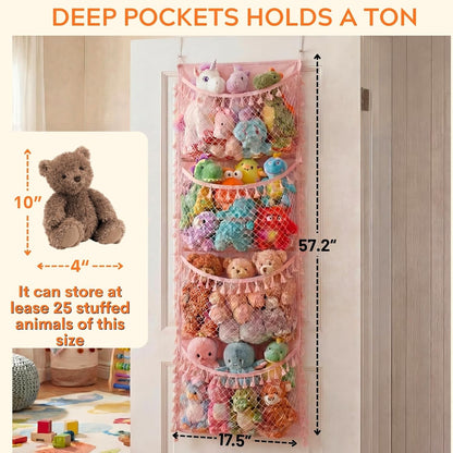 Ofiray-home Cotton Over The Door Stuffed Animal Storage | Toy Organizer for Storage Plush Toys, Stuffed Animal Holder with 4 Large Pockets, Hanging Door Organizer for Nursery