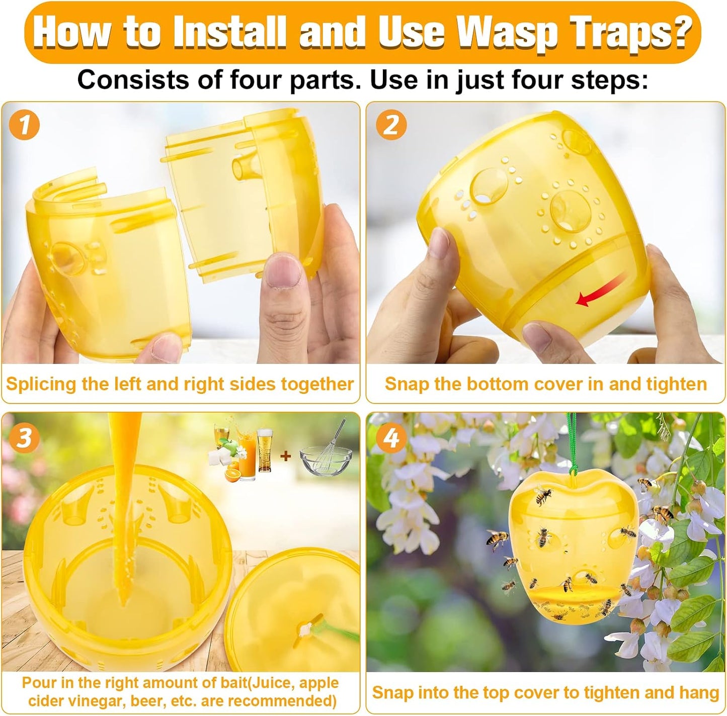 Wasp Trap, Yellow Jacket Trap Outdoor Hanging, Reusable Hornet and Wasp Catcher Traps for Outside, 2 Pack - Orange