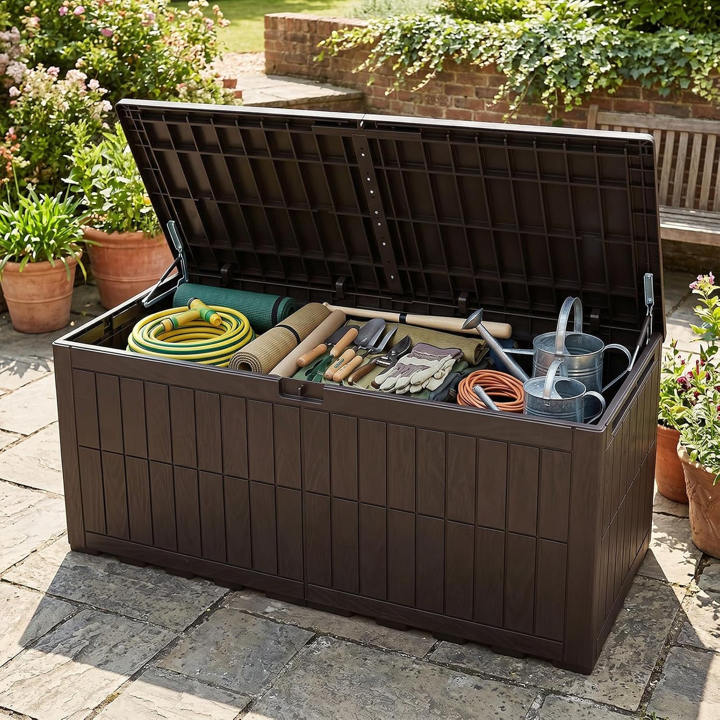 Tangkula 25 Gallon Waterproof Outdoor Storage Box with Lockable Lid | PP Resin, Wicker Patterned, Indoor Outdoor Use, Portable, Versatility, for Deck, Pool, Patio Cushions, Garden Tools