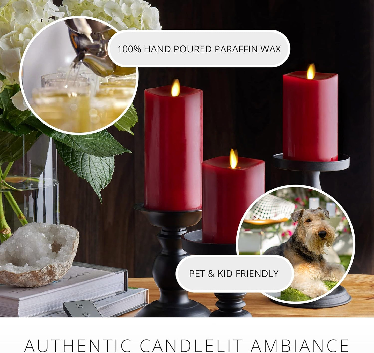 Luminara Realistic Flameless LED Set of 3 Ivory Pillar Candles, Home Safe Moving Flame Melted Top Illumination, Battery Operated Remote Control w/Timer