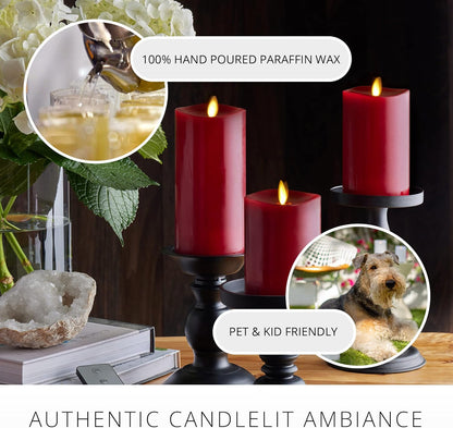 Luminara Realistic Flameless LED Set of 3 Ivory Pillar Candles, Home Safe Moving Flame Melted Top Illumination, Battery Operated Remote Control w/Timer