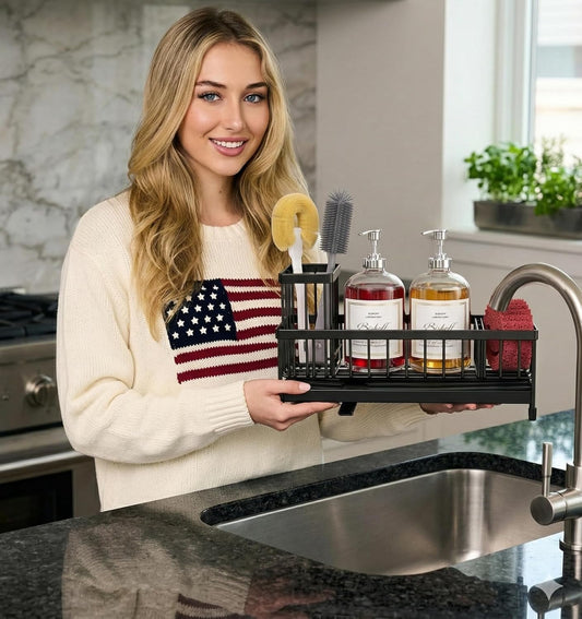 ✪®Premium Extra Large Kitchen Sink Organizer Caddy - Premium Stainless Steel Sponge Holder, Dish Brush Rack & Soap Dispenser Tray for Countertop Storage (Black)