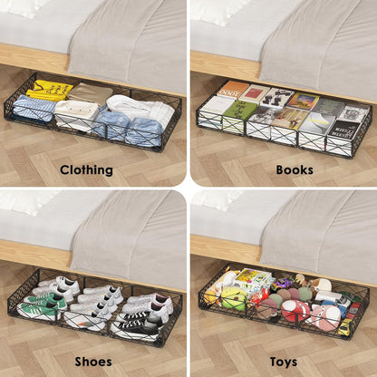 NADAMOO 5.4 in Low Profile Under Bed Storage, 36.6" Ultra Long Metal Underbed Organizer with 6 Smooth Rolling Wheels, 110 lbs Heavy Duty Foldable Under Bed Container for Shoes, Clothes, Toys, 2 Packs