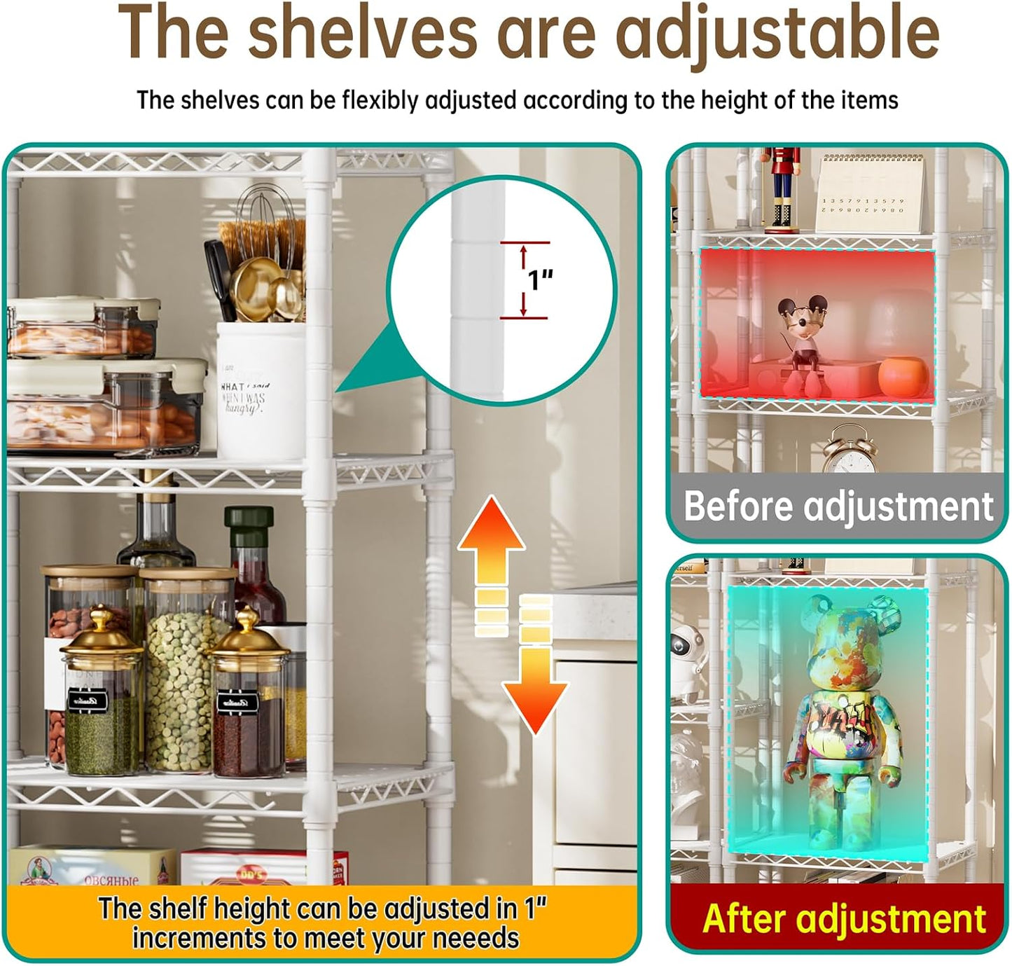 Golpart 4 Tier Adjustable Storage Shelves Metal Utility Shelf Wire Shelving Unit Organizer Rack for Home Kitchen Office Bathroom Pantry Room 12" D x 18" W x 44" H