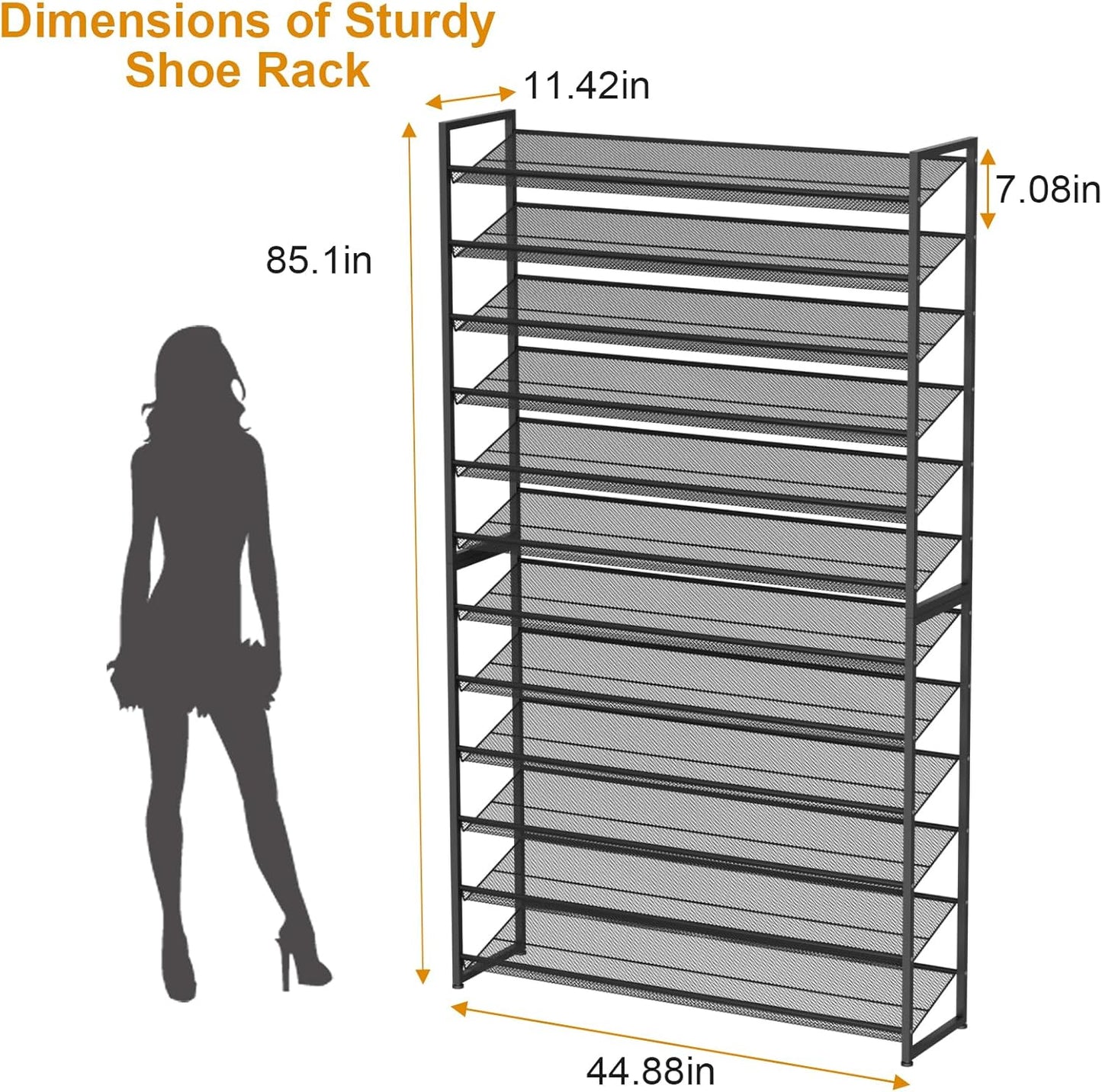 Large Shoe Rack 8 Tier Shoe Organizer, Heavy Duty Metal 4-Tier Stackable Shoe Storage Vertical Shoe Rack for Closet Front Door Entrance, Up to 50 Pairs, 44.8" W x 11.4" D x 56.7" H, Black