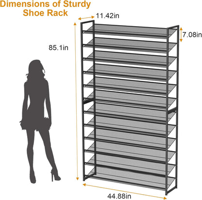 Large Shoe Rack 8 Tier Shoe Organizer, Heavy Duty Metal 4-Tier Stackable Shoe Storage Vertical Shoe Rack for Closet Front Door Entrance, Up to 50 Pairs, 44.8" W x 11.4" D x 56.7" H, Black
