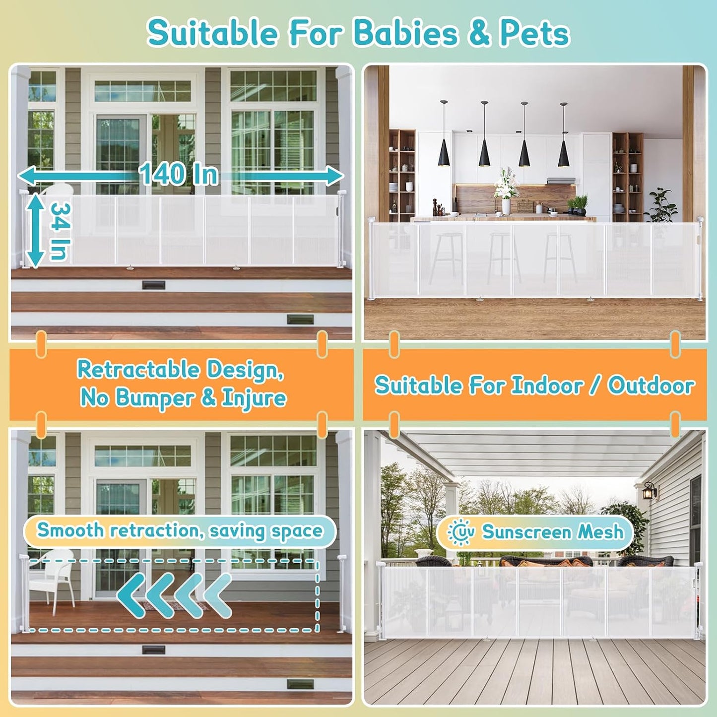 200'' Retractable Baby Gates Extra Wide,34" Tall Retractable Dog Gate for Doorways,Extra Long Retractable Baby Gate for Stairs,Kitchen,Indoor/Outdoor Retractable Gate with Fiberglass Reinforcement Rod