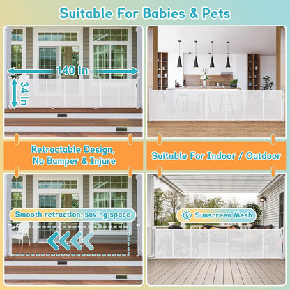 200'' Retractable Baby Gates Extra Wide,34" Tall Retractable Dog Gate for Doorways,Extra Long Retractable Baby Gate for Stairs,Kitchen,Indoor/Outdoor Retractable Gate with Fiberglass Reinforcement Rod