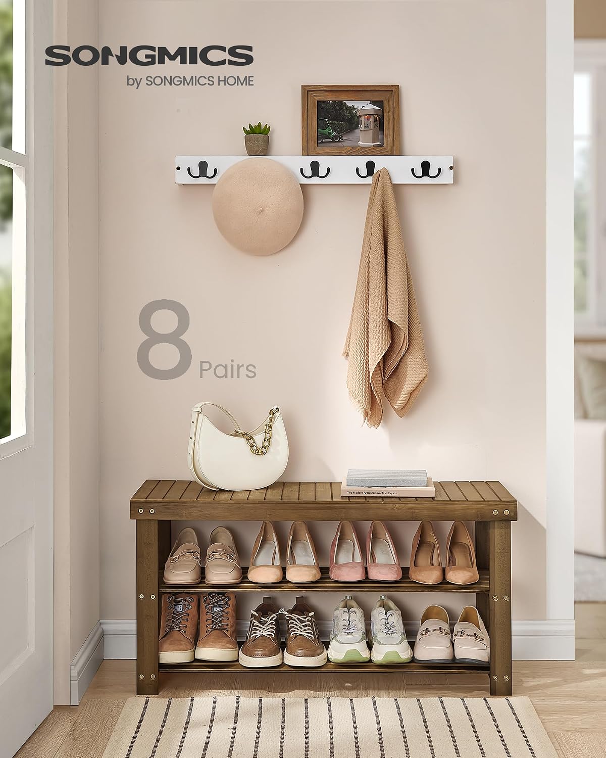 SONGMICS Shoe Rack Bench, 3-Tier Bamboo Shoe Storage Organizer, Entryway Bench, Holds Up to 286 lb, 11.3 x 27.6 x 17.8 Inches, for Entryway Bathroom Bedroom, Ink Black ULBS04H