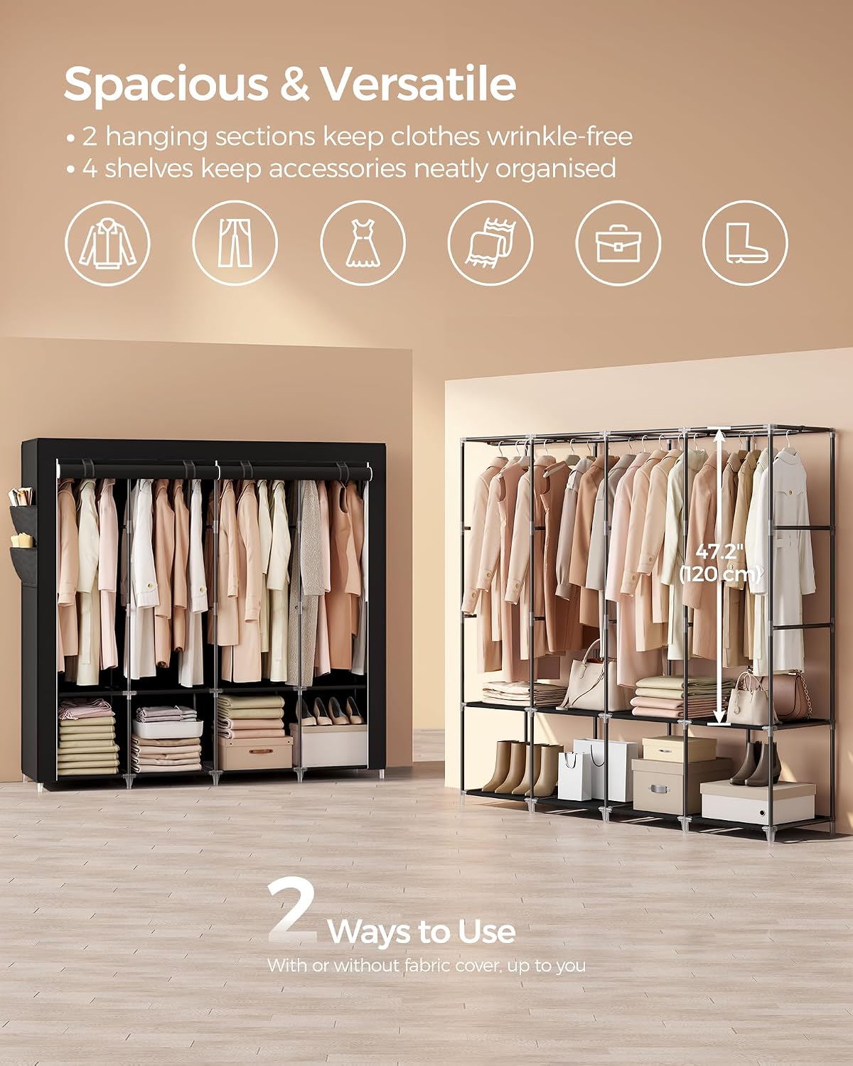 SONGMICS Portable Closet, Wardrobe Closet Organizer with Cover, 3 Hanging Rods and Shelves, 4 Side Pockets, 51.2 x 17.7 x 65.7 Inches, Large Capacity for Bedroom, Living Room, Ink Black URYG092B02