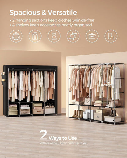SONGMICS Portable Closet, Wardrobe Closet Organizer with Cover, 3 Hanging Rods and Shelves, 4 Side Pockets, 51.2 x 17.7 x 65.7 Inches, Large Capacity for Bedroom, Living Room, Ink Black URYG092B02
