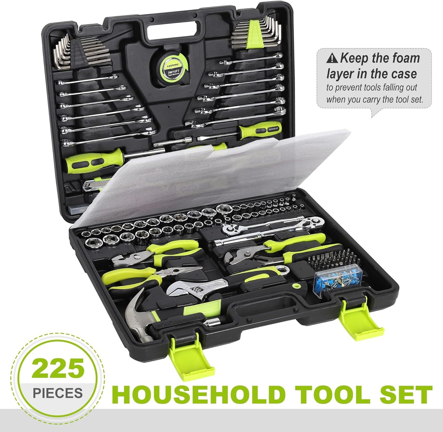 FASTPRO 225-Piece Household Tool Set, SAE & Metric Mechanics Hand Tool Set with Toolbox, Home/Auto Repairing Tool Kit for DIY, Home Maintenance and Car Repairing, Green