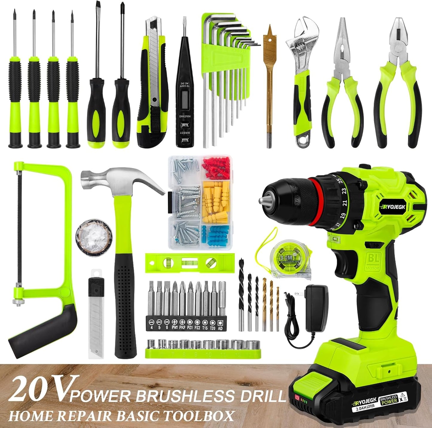 RYOJEGK Home Tool Set with Brushless Drill, 20V 119PCS Cordless Drill Tool Box with Battery, Tool Kit with Drill for Men & Woman, 24+1 Keyless Metal Chuck Brushless Drill Set for Household Repair Kit