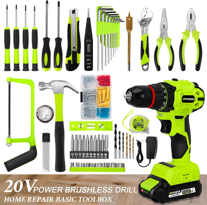 RYOJEGK Home Tool Set with Brushless Drill, 20V 119PCS Cordless Drill Tool Box with Battery, Tool Kit with Drill for Men & Woman, 24+1 Keyless Metal Chuck Brushless Drill Set for Household Repair Kit