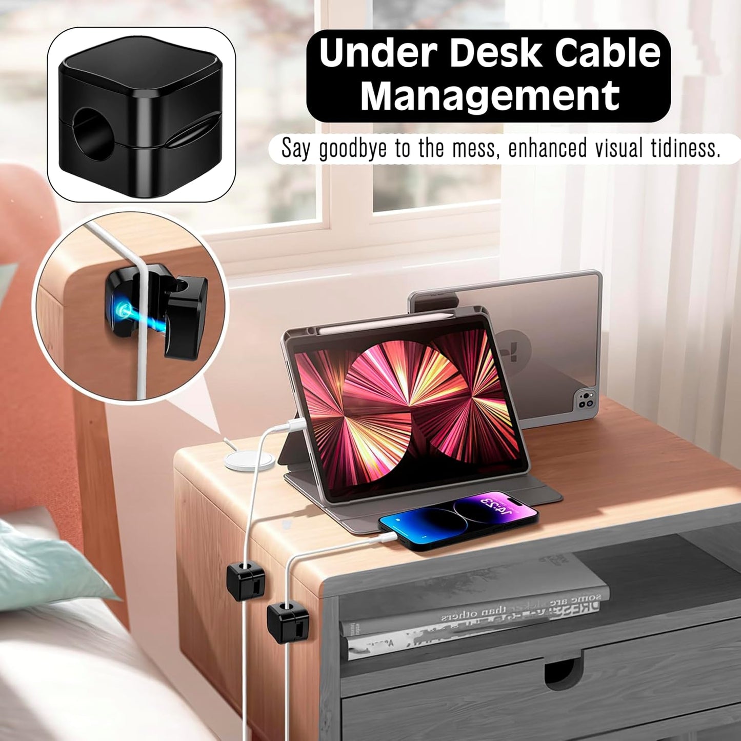 SaiTech IT 12 Pack Magnetic Cable Clips, Cord Organizer Holder Black | Adhesive Wire Keeper For Car, Office, Home, Desktop, Wall, Night Table, Ideal For Cable Management