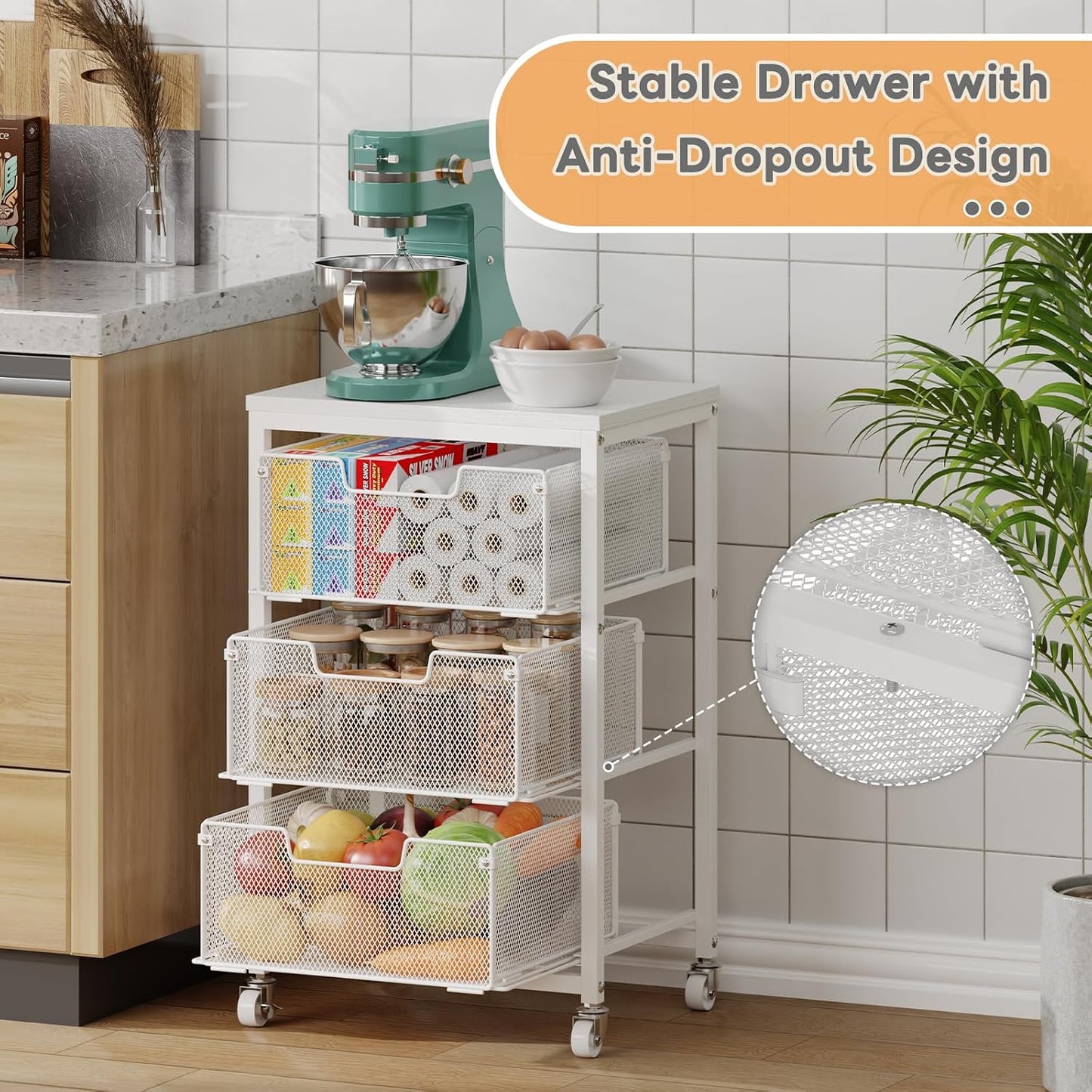 4 Tier Kitchen Rolling Cart, Kitchen Storage Cart with Wheels, Adjust Pantry Organizer and Storage Cart with Drawer, Fruit Vegetable Spice Storage Cart, Wooden Top Metal Kitchen Organizer Rack Stand