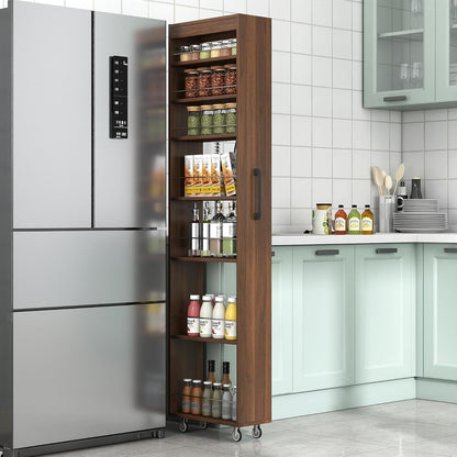 68'' Tall Narrow Storage Cabinet with Handle & Wheels, 7 Tier Pull-Out Kitchen Pantry Cart, Rolling Slim Freestanding Organizers Shelf Spice Rack for Small Spaces (White-Wheels, 7 Tier)
