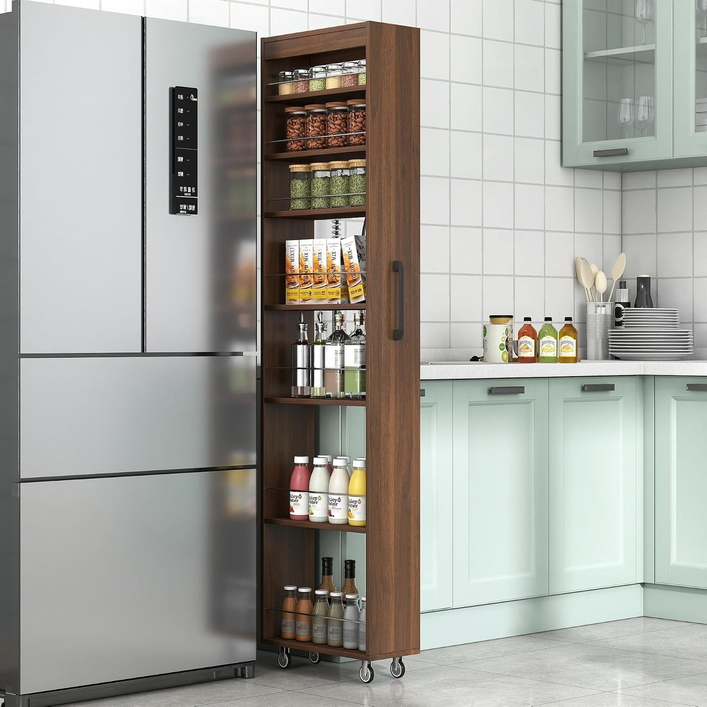 Slim Rolling Storage Cart, 6-Tier Pull-Out Spice Rack with Handle & Wheels, Narrow Kitchen Organizer for Next to Fridge, Pantry, Laundry Room,11.8 Inch Wide Space Saver（Black, With Side Panel)
