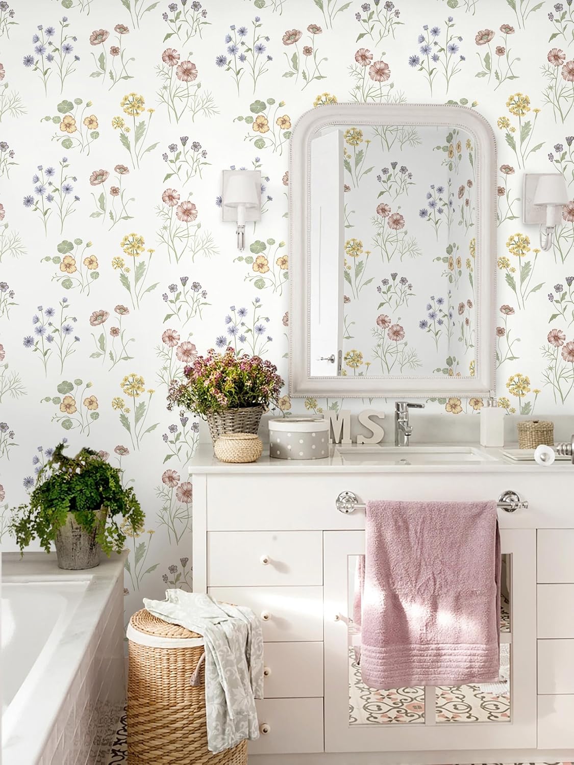 Dimoon 17.3''x78.7'' Vintage Peel and Stick Wallpaper Boho Beige Neutral Contact Paper White Floral Bird Wallpaper Removable Botanical Renter Friendly Modern Wall Paper Bedroom Bathroom Vinyl Roll