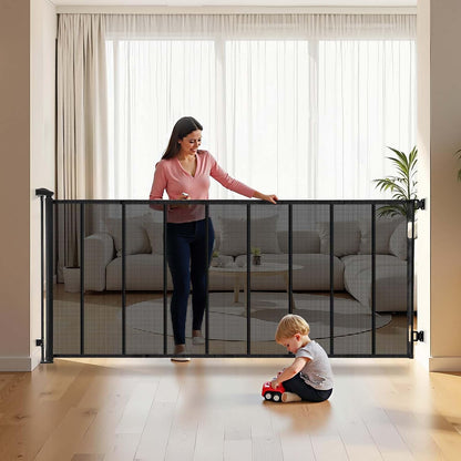 VEVOR Retractable Baby Gate, Extends to 202.7 inch Extra Wide, 39 inch Tall, with Reinforced Fiberglass Strips, Avoids Crawling Through, Mesh Dog Gate for Decks, Doorways, Garages, Indoor, Black