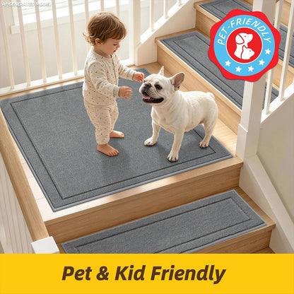 JSEI Stair Treads for Wooden Steps Indoor, 15-Pack Non Slip Stair Treads 30" x 8", Washable Polyester Stair Mats with TPE Backing, Low Profile Stair Rugs for Kids, Seniors and Dogs, Brown