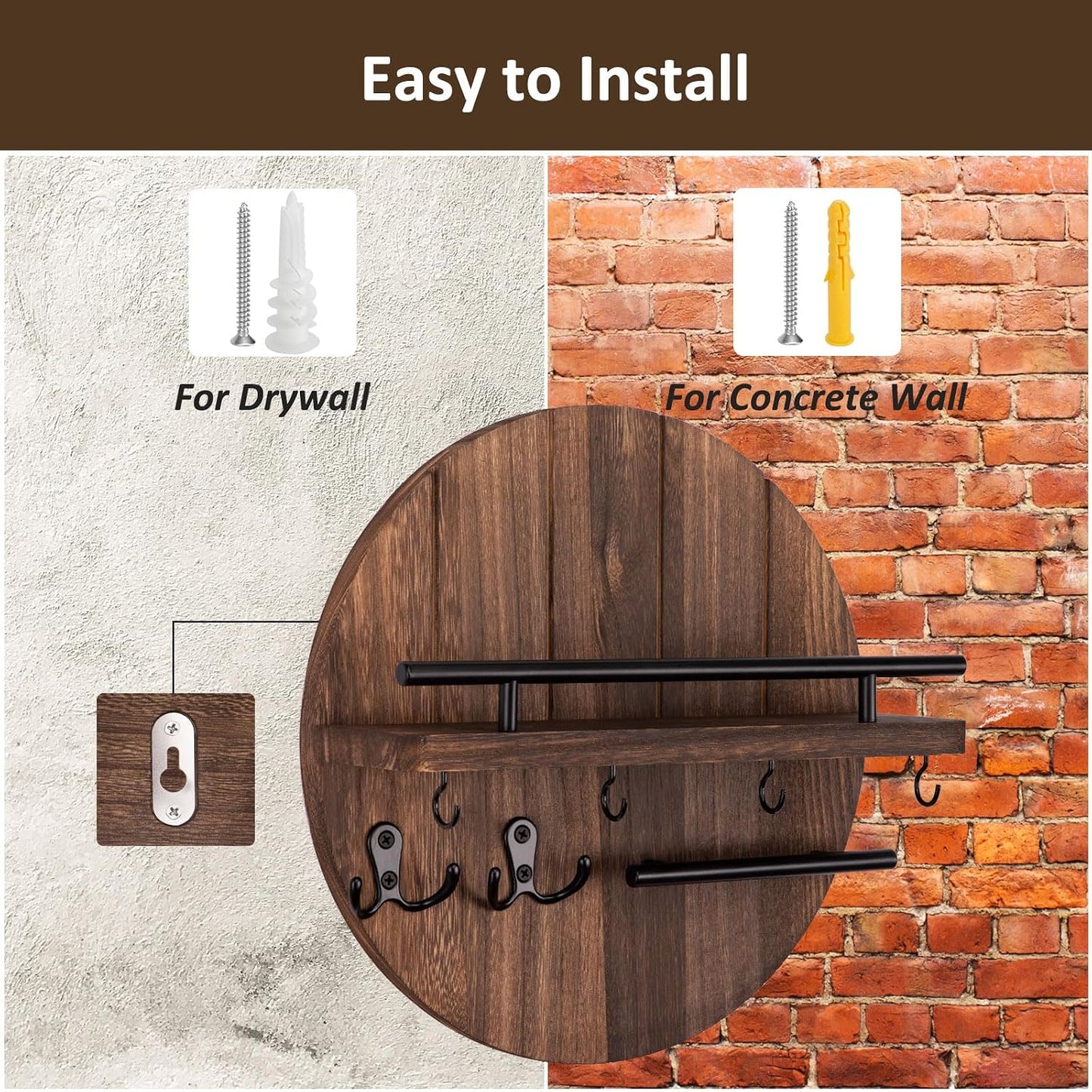 Nekon Key Holder Wall Mount, 11.8 Inch Rack With Shelf and 6 Hooks, Rustic Mail Organizer, Circular Wooden Hanger for Entryway Hallway Kitchen (Brown&Gold)