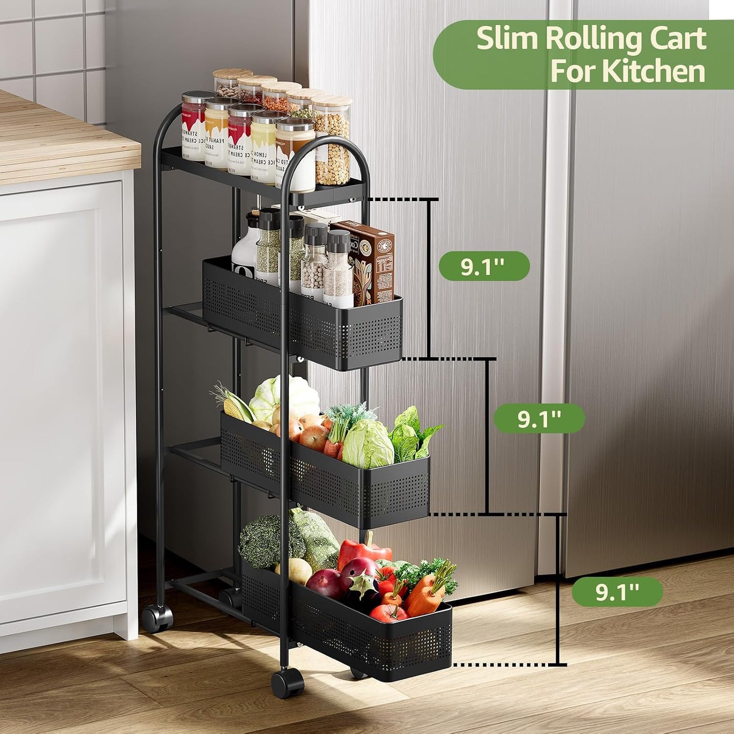 KINGRACK Slim Storage Cart with Drawer, 5-Tier Rolling Utility Cart on Wheels, Narrow Metal Cart for Space Save, Easy Assembly for Kitchen Cart, Craft Cart, Laundry, Bathroom, Nursery Organizer