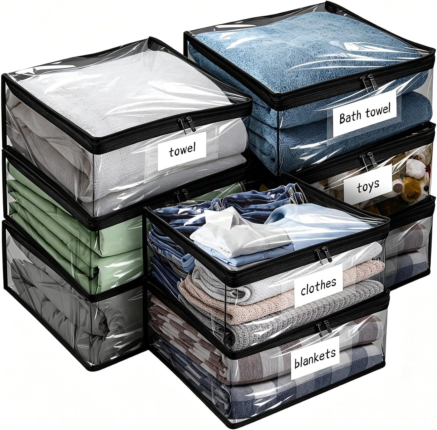 Plastic Storage Bags with Easy-Glide Zipper, Pack of 8, Durable Clear Vinyl Zippered Storage Bags for Clothes Sweaters Comforters Blankets Sheets Bedding (15.7 x 13.8 x 3.9 Inch, White)