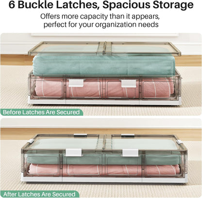 Kitstorack Clear Plastic Under Bed Storage Containers Bins with Lids and 8 Pre-installed Wheels,37.8 Qt, Rolling Foldable Flat Under Bed Organizer Boxes for Clothes Shoes Clothing Bedroom