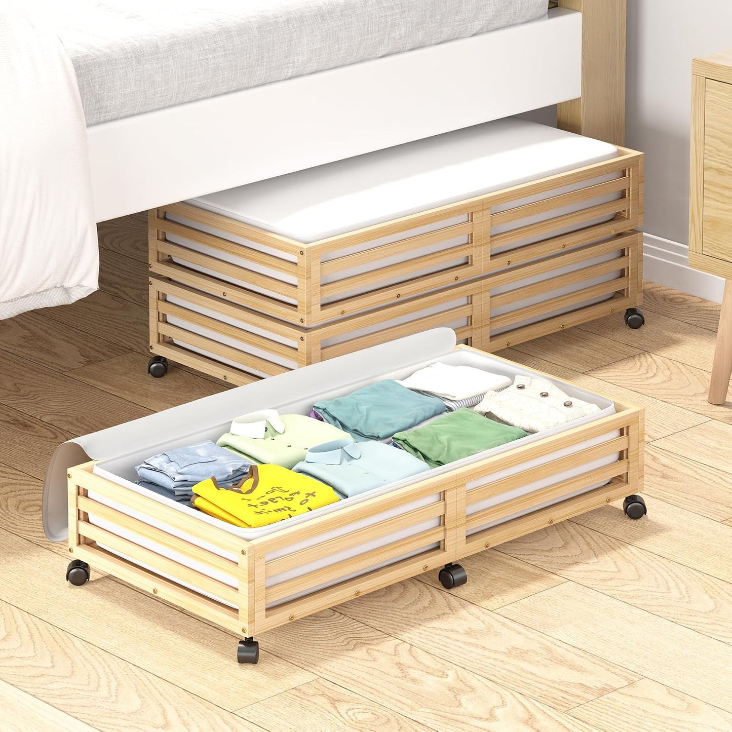 Wisuce 2 Packs Bamboo Under Bed Storage Organizer with Wheels White Small | 360° Lockable Wheels,120lbs Load Capacity, Multi-scene ,Dustproof Clear Storage Bag, Large Capacity,Easy Quick Assembly