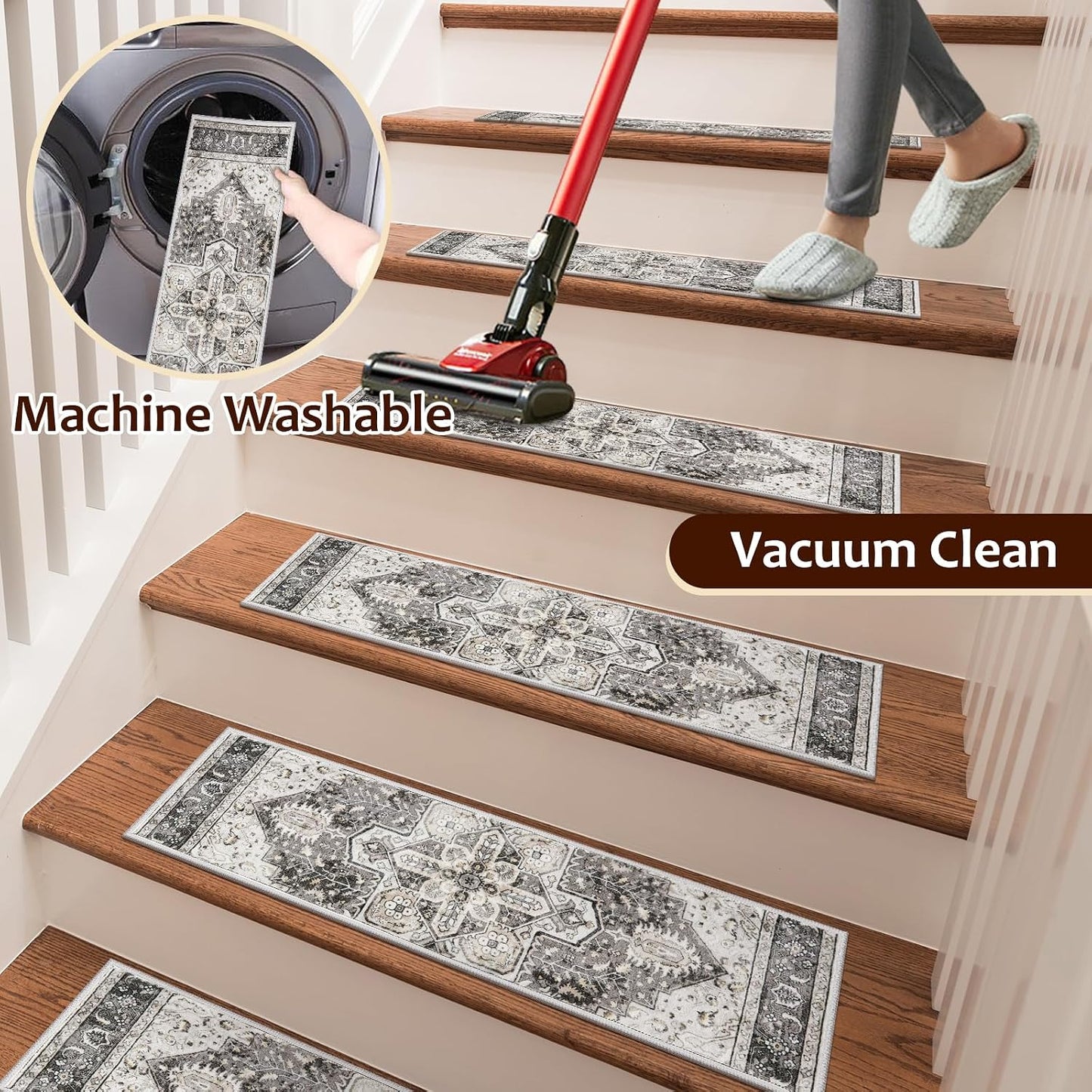 OJIA Stair Treads Non Slip for Wooden Steps Indoor 15PCS Carpet Stair Treads, Rubber Backing Stair Carpet Treads, Residue Free 8"x30" Staircase Step Treads Edging Stair Rugs for Kids & Pets, Gray