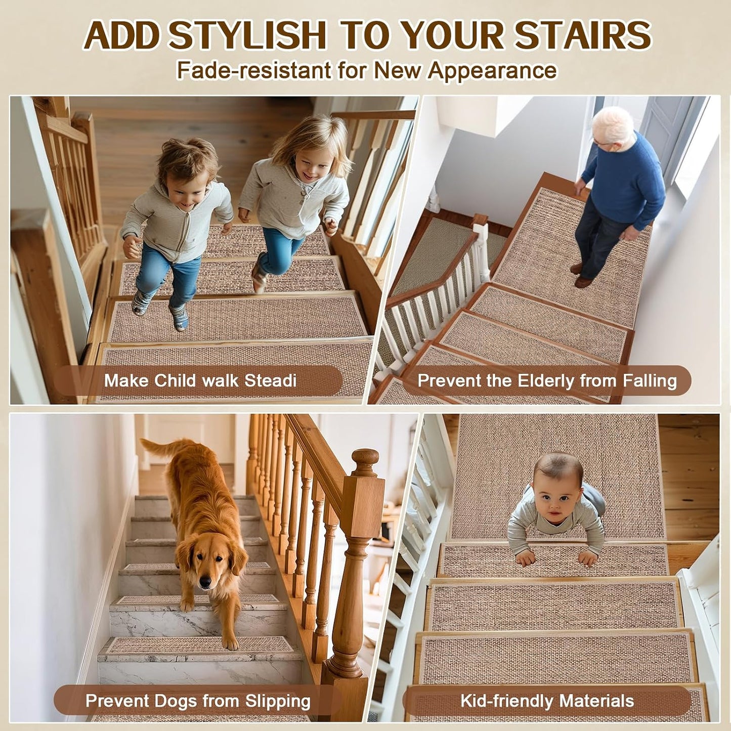 Stair Treads Non Slip, Rubber Backing Stair Treads for Wooden Steps, 15 PCS Thicken Linen Carpet Stair Runners Indoor for Kids Elders and Pets, No Residue Stair Carpet Treads, 8"x30", Beige