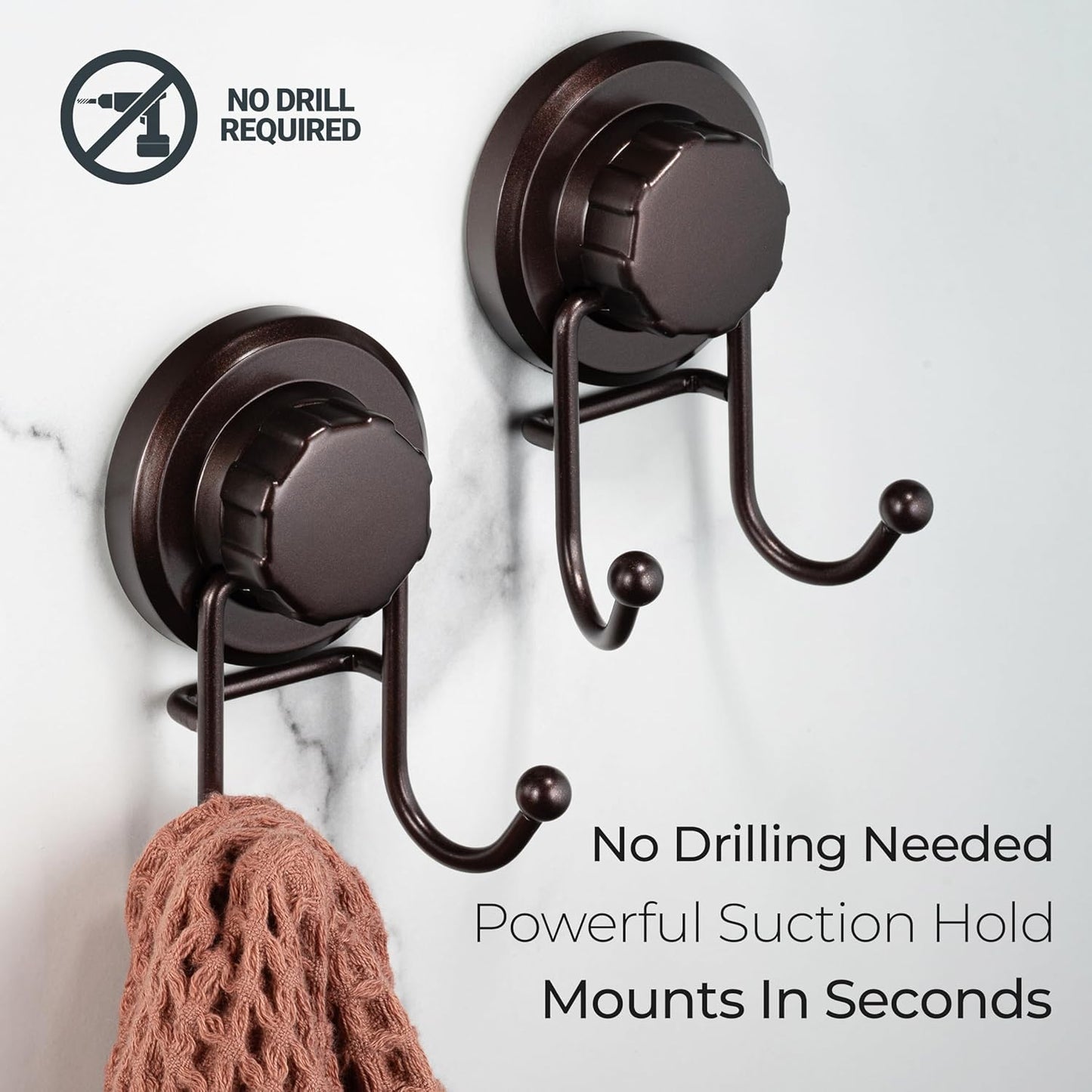 HASKO Suction Cup Hooks for Shower Wall, Removable Towel Hooks for bathrooms, Includes Optional No Drill Adhesive Mount for Inside Shower, Rustproof Stainless Steel - 2 Pack, Bronze