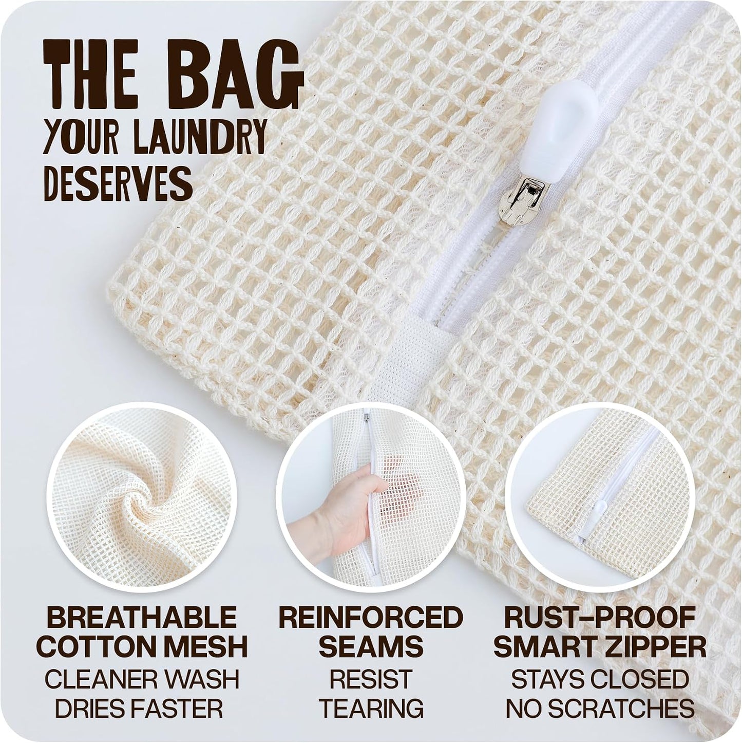 WoollyPals Large Cotton Mesh Laundry Bags (16" x 20") – 2-Pack with Drawstring Storage Pouch – Washer & Dryer Safe, Durable Zipper, Breathable Mesh for Clothes, Delicates, Underwear, Shoes & Lingerie