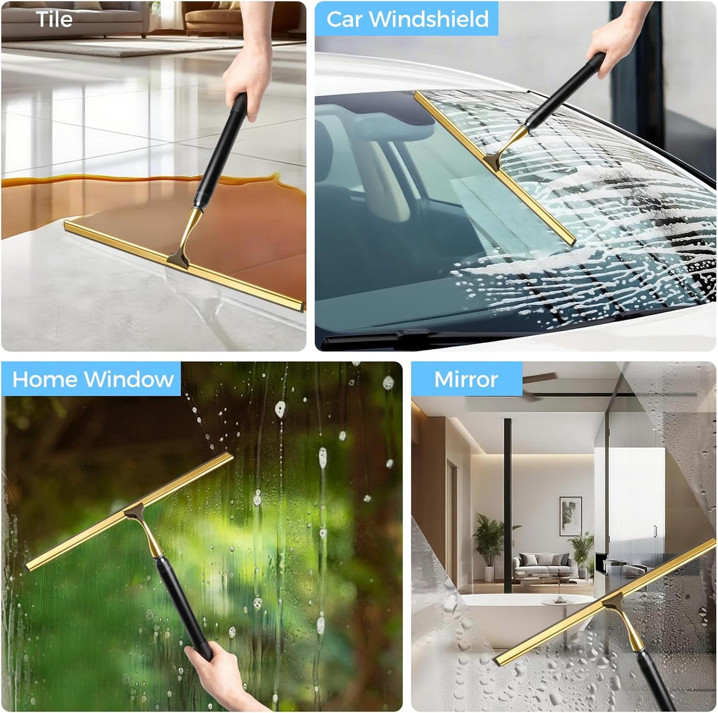 10.7“ Wide All-Purpose Shower Squeegee for Glass Doors, Squeegee for Shower Glass with Hook, Window Squeegee for Home, Small Squeegee for Shower, Bathroom, Car Glass, Mirror (Black)