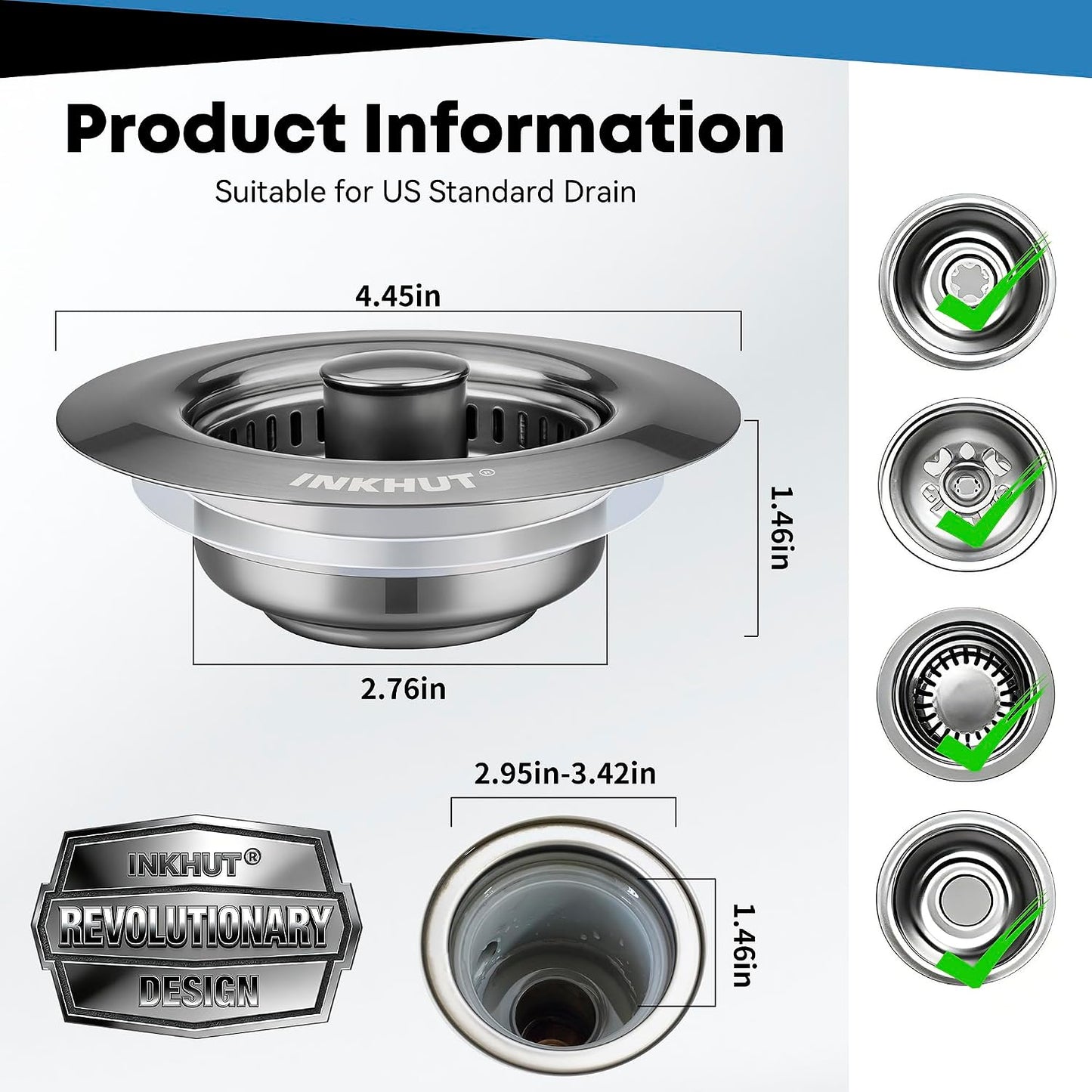 Upgraded 3 in 1 Kitchen Sink Drain Strainer - Stainless Steel Sink Stopper, Anti-Clogging Sink Food Catcher Basket, Fast Drainage Odor Filter Sink Plug for US Standard 3 1/2 inch Drain (Silver-1Pack)