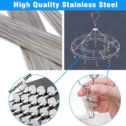 Stainless Steel Sock Drying Rack with 20 Clips, Space-Saving Dryer Rack with Pegs for Socks, Towels, Bras, Underwear Etc. Small Laundry Items