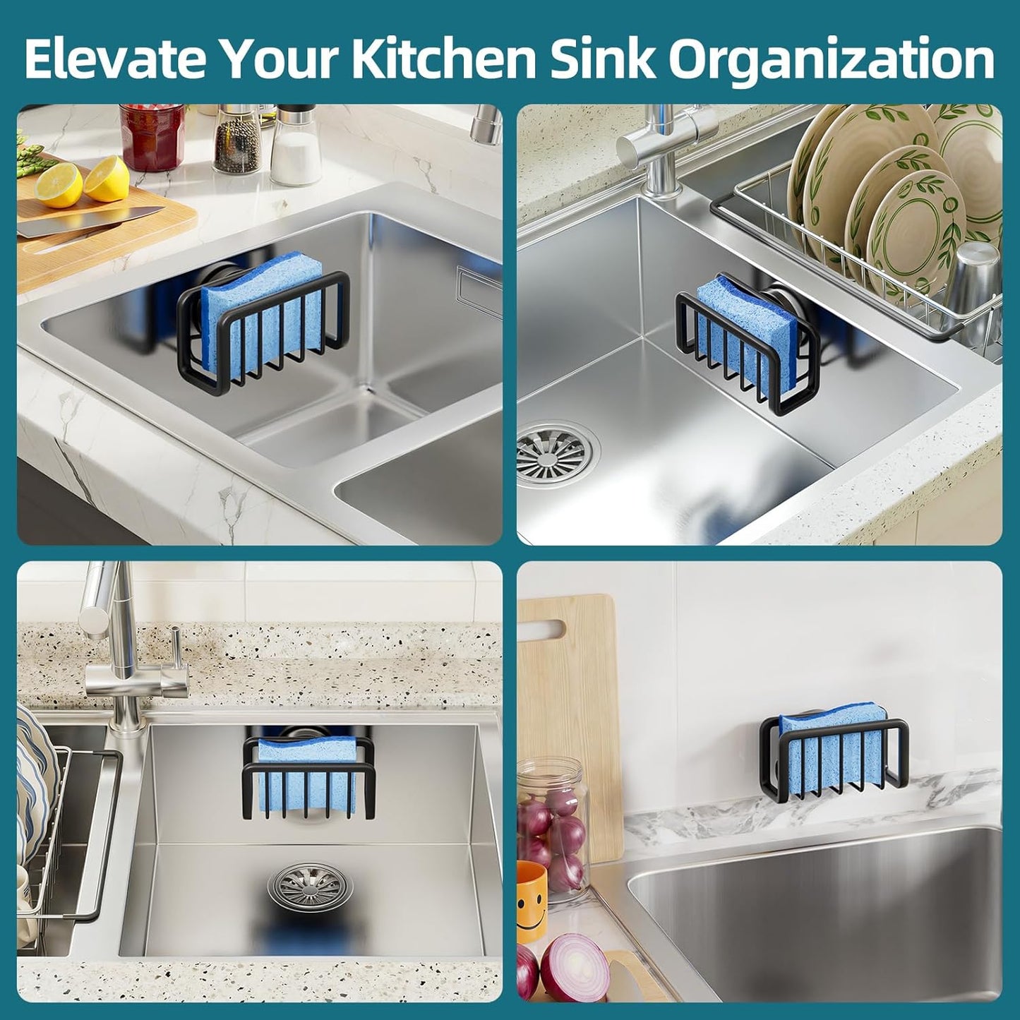 TAILI Sponge Holder with Strong Suction Cup, Dish Sponge Caddy Inside Sink Removable, Rustproof Aluminum for Sponges, Brushes, Stoppers and Scrapers - Black