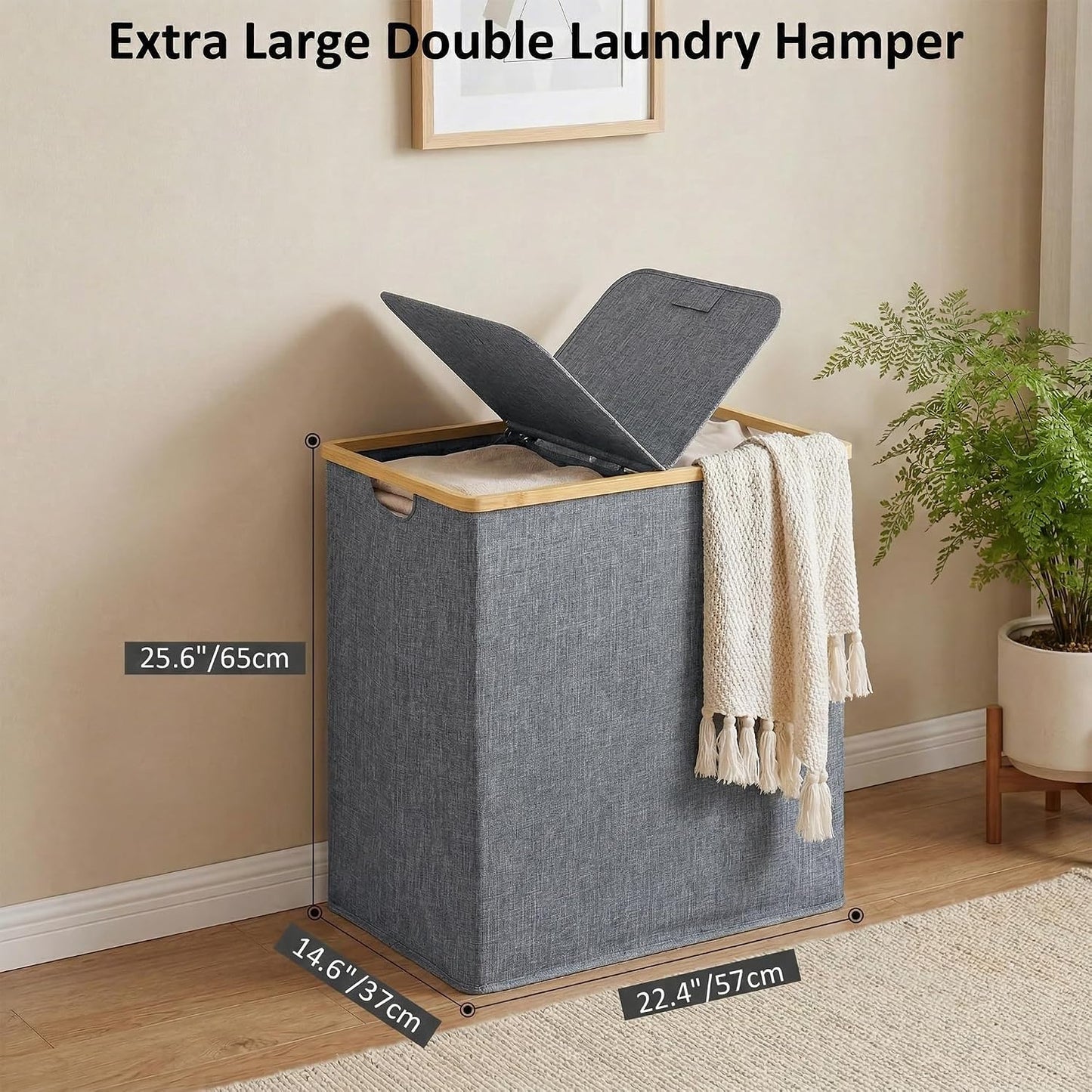 efluky Laundry Hamper with Lid, Trio Laundry Basket with 2 Removable Bags, 3 Section Laundry Bin with Bamboo Handles for Bathroom, Bedroom & Laundry Room, 160L (42.3 Gallon) Beige