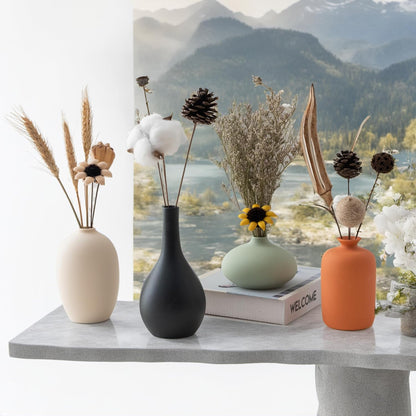 Small Ceramic Matte Vase Set 4 for Modern Home Decor Flower Decoration Office,Bookdesk, Bookshelf, Centerpieces, Tables, Living Room, Dining Table, Bedroom Shelf Entryway Ornament Gift