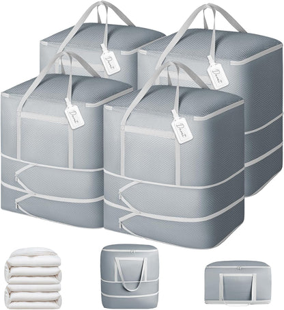 Comforter Storage Bag - 130L Large Capacity Blanket Storage Bags 4-Layer Ultra Space Saving Self Compression Organizer, Washable Compression Bags for Storage Comforter Blanket, 2-Pack, Beige