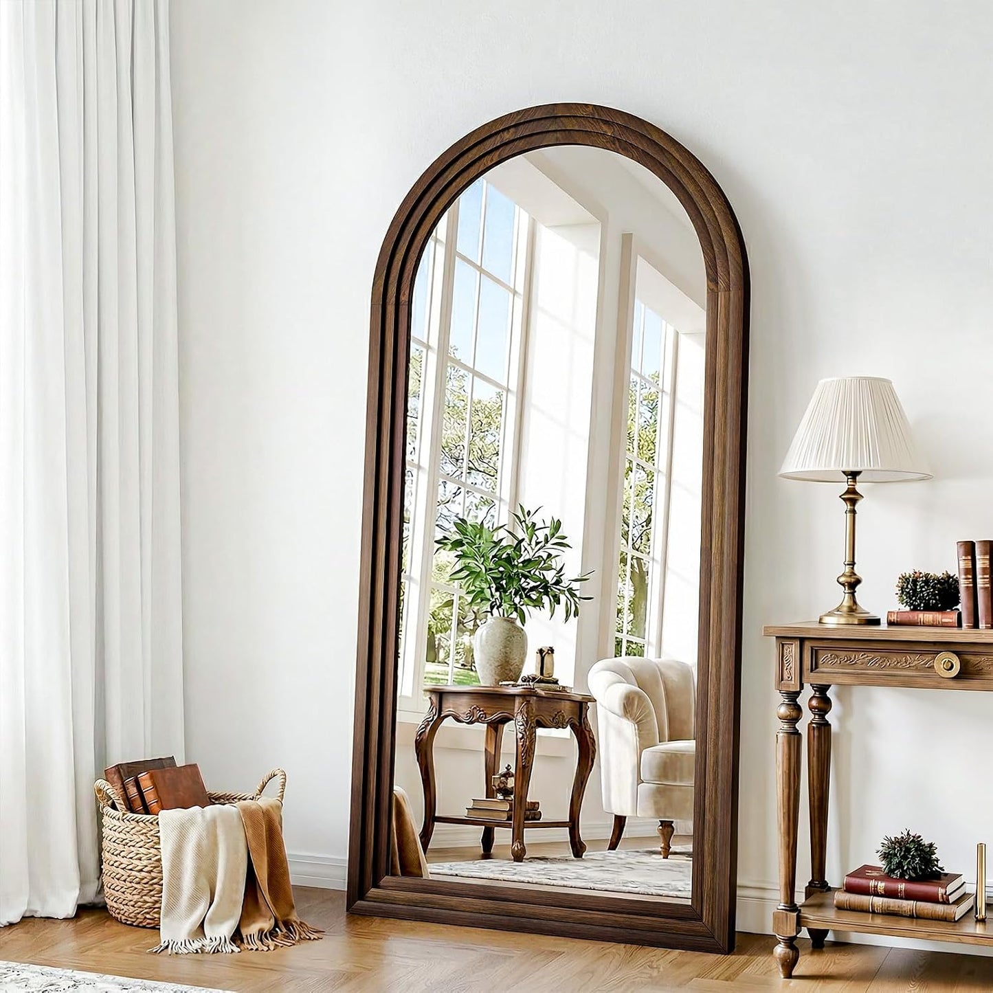 30"x71" Full Length Mirror Solid Wood Frame, Arched Floor Mirror Full Length with Stand, Room Decor Big Full Body Mirror with HD Tempered Glass for Bedroom, Living Room, Walnut Wood